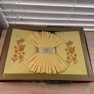 Vintage 70s Golden Crown Decorative Towel & Wash Cloths Set NOS Yellow Floral